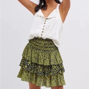 Anthropologie | Current Air Green and Blue Floral Tiered Ruffle Mini/Midi Skirt